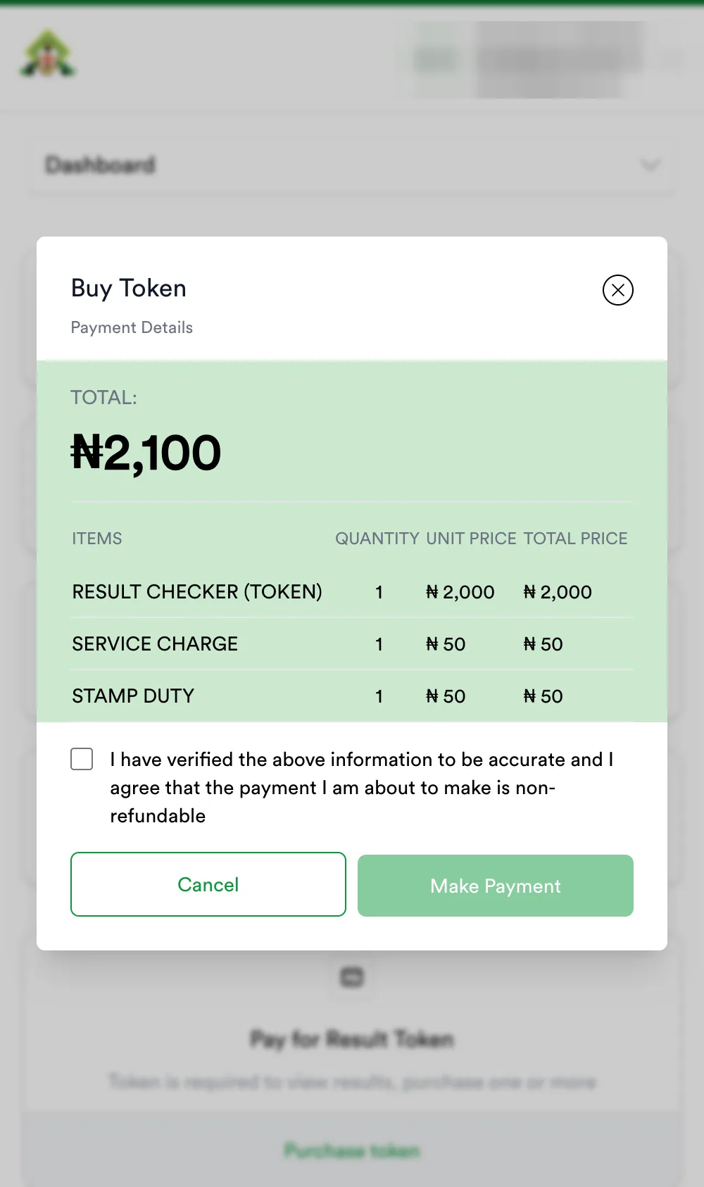 Payment details: ₦2,000 token + ₦50 service charge + ₦50 stamp duty = ₦2,100