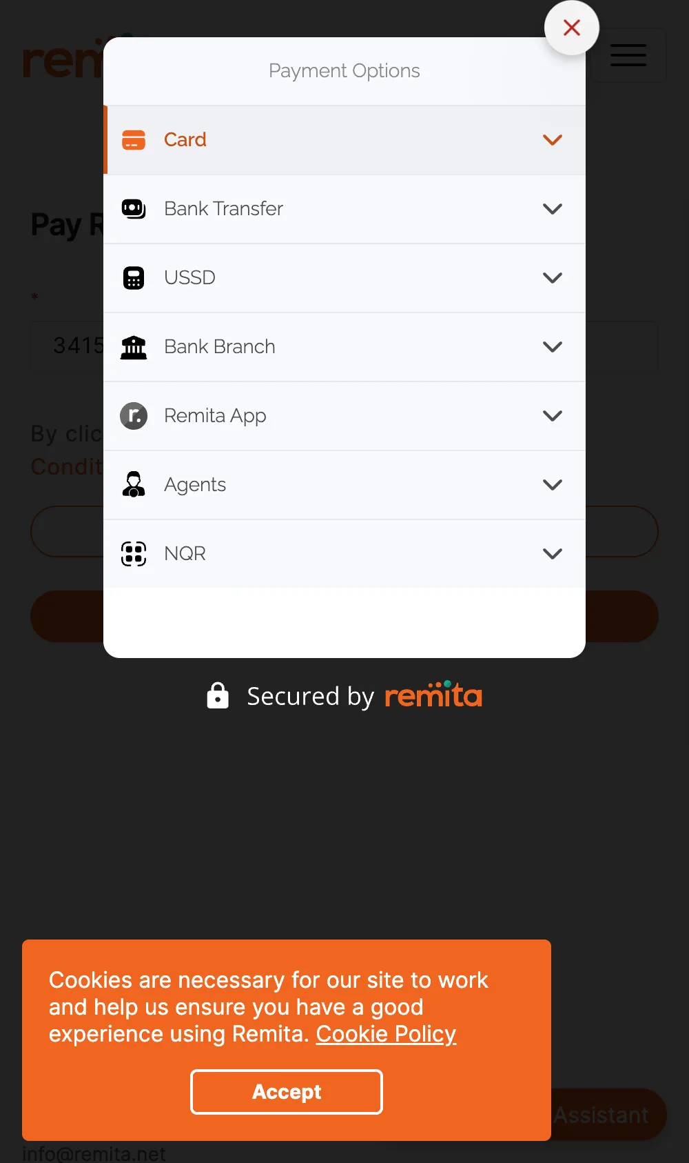 Remita page with the RRR filled in and a list of payment methods
