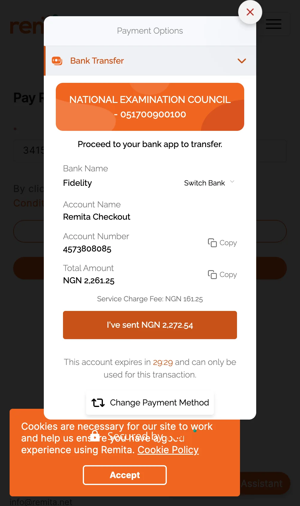 Remita bank transfer details: Fidelity, Remita Checkout, Total Amount NGN 2,261.25, 30-minute timer