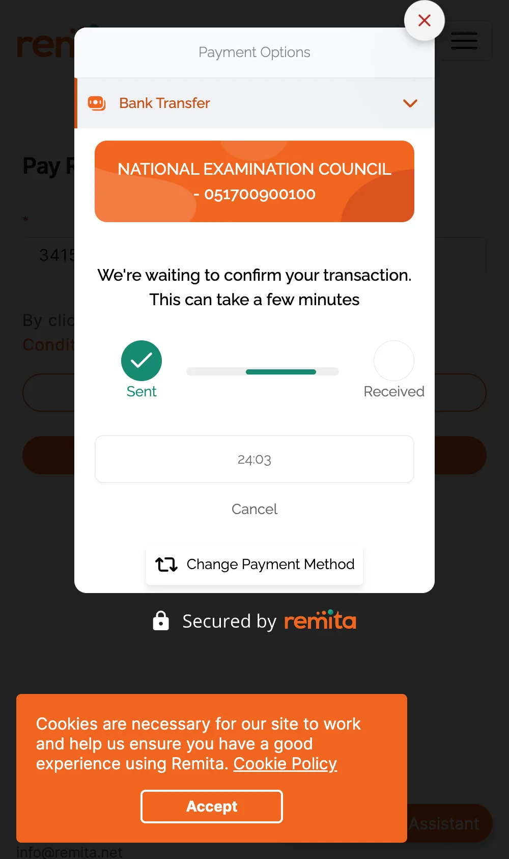 Remita waiting to confirm the transaction