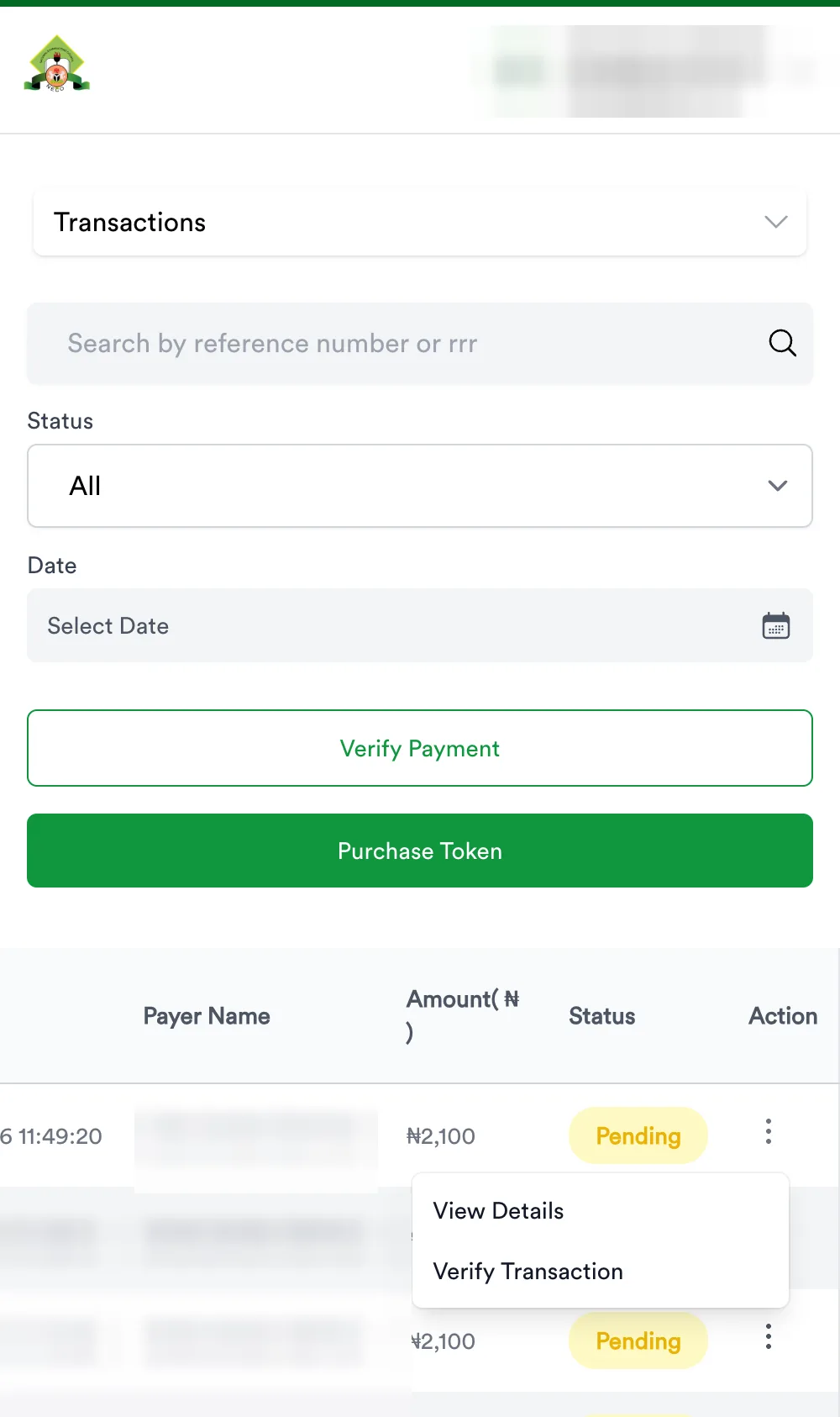 Row menu with Verify Transaction
